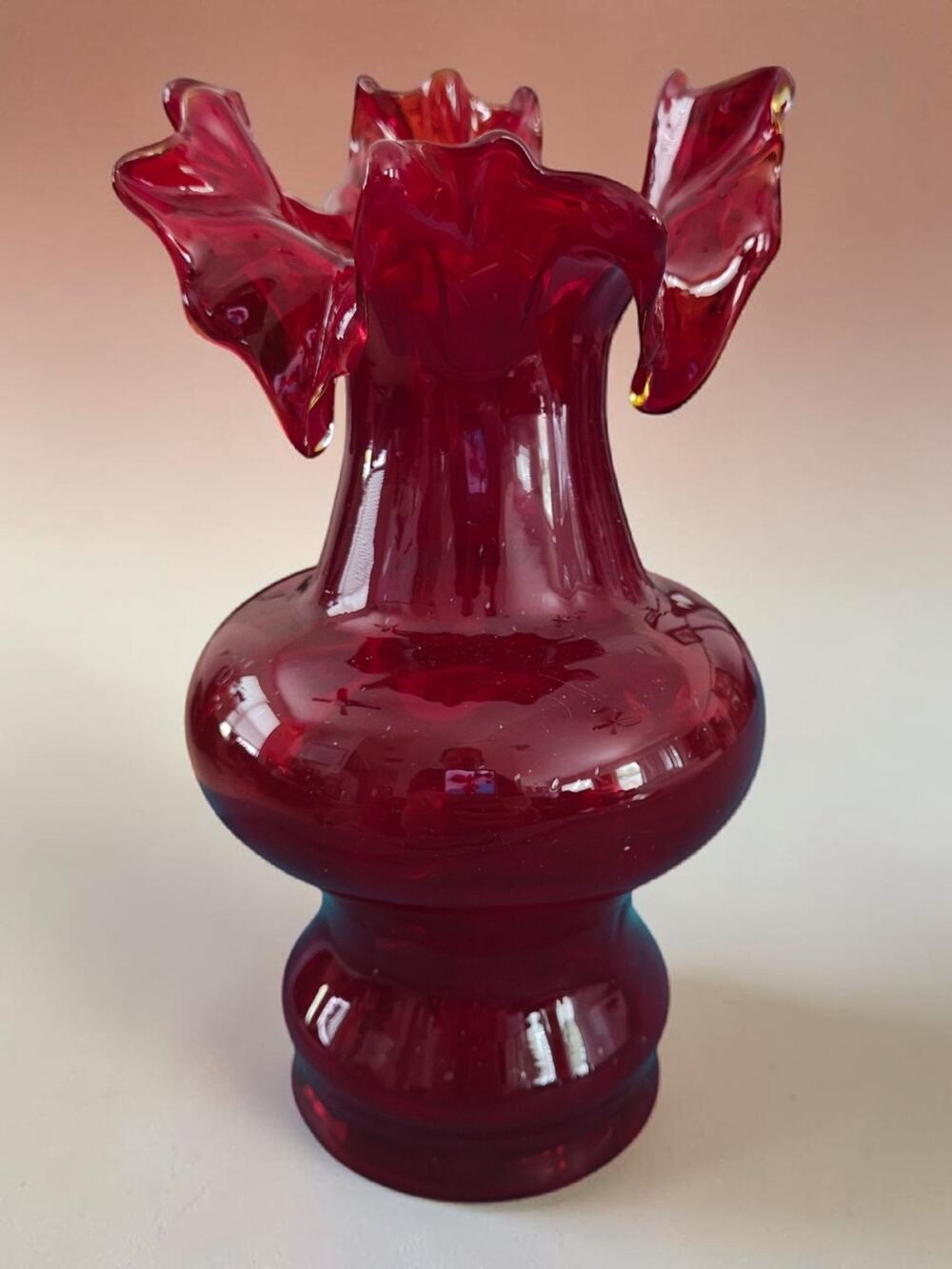Vintage Fenton Cranberry Glass Coin Dot Pattern Ruffled Rim Vase Bubbled